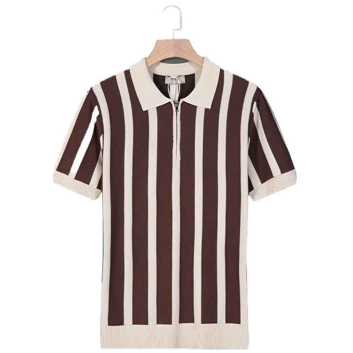 Summer Retro Stripe Knit Pullover Casual Turn-down Collar Zip Short Sleeve Knit Sweater Knitted Pullover Sweater for Men