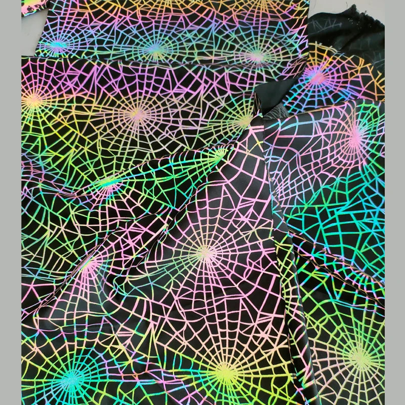 Custom Spiderweb Pattern Printed rainbow Iridescent Reflective Polyester Spandex Cloth Fabric for Rave Fashion Stylish Clothing