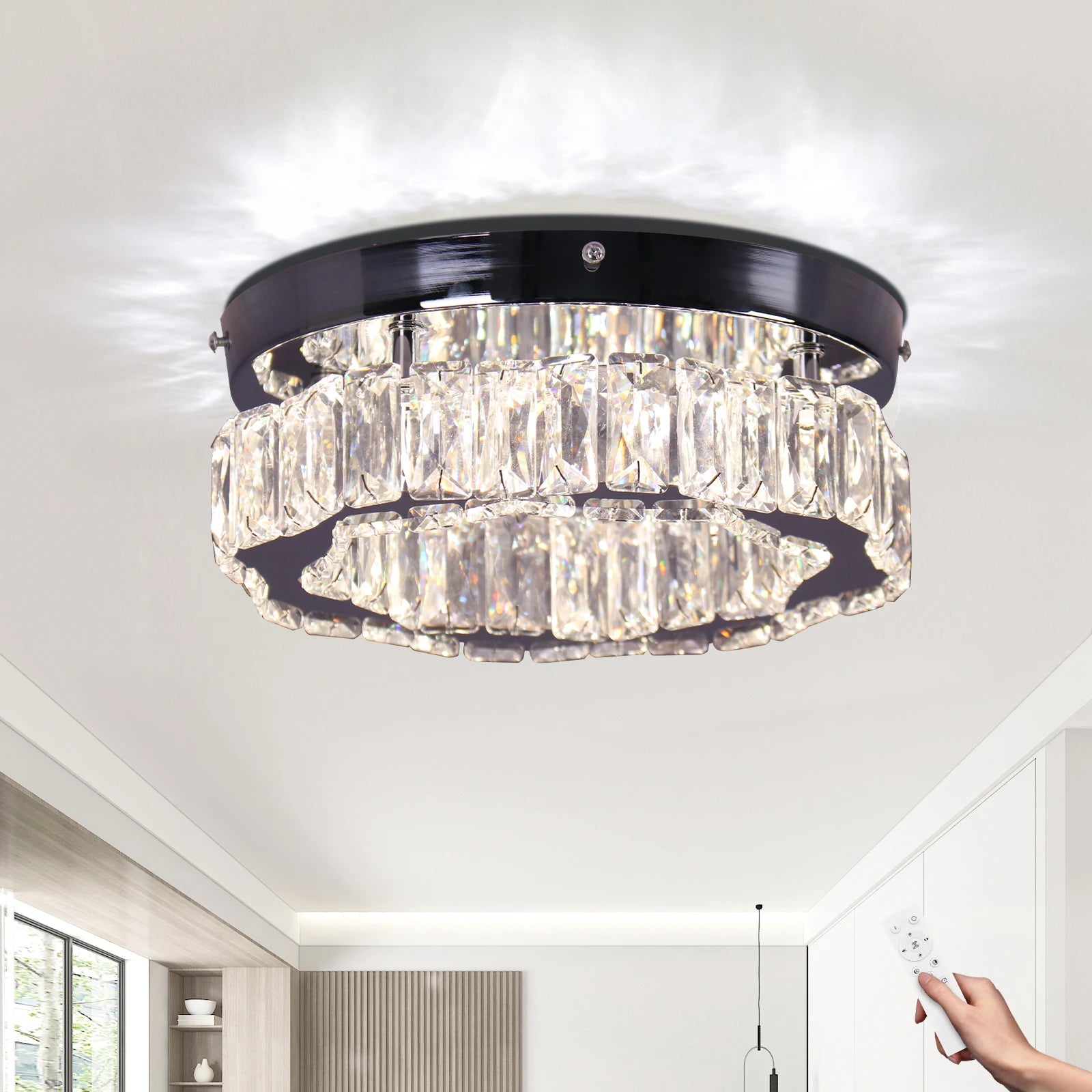 Small K9 Crystal Chandelier LED Ceiling Light Dimmable Round Light with Remote Control for Room Application
