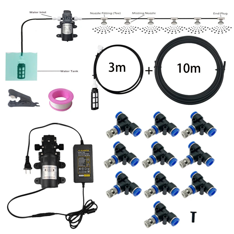12V 60W Diaphragm Pump DIY 10M Misting System Fog Machine Water Sprayer Kit for Outdoor Patio Garden Cooling Humidification