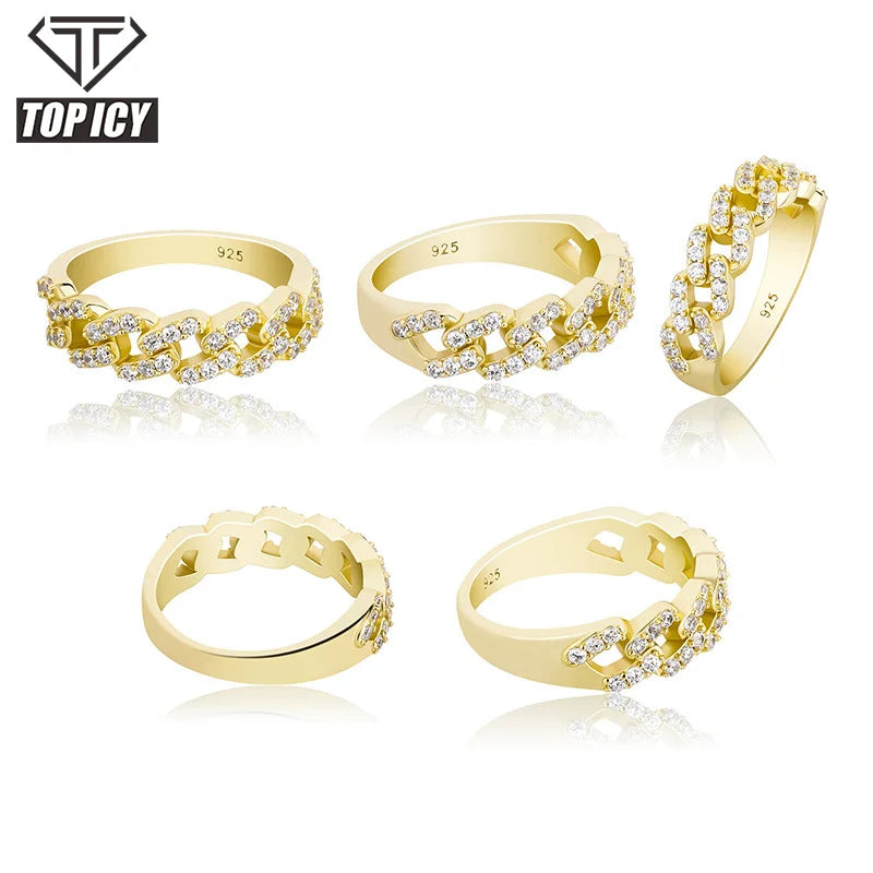 TOP ICY Fashion Iced Out Cubic Zircon Cuban Ring Men Women 925 Sterling Silver Cuban Link Chain Ring CZ Diamonds