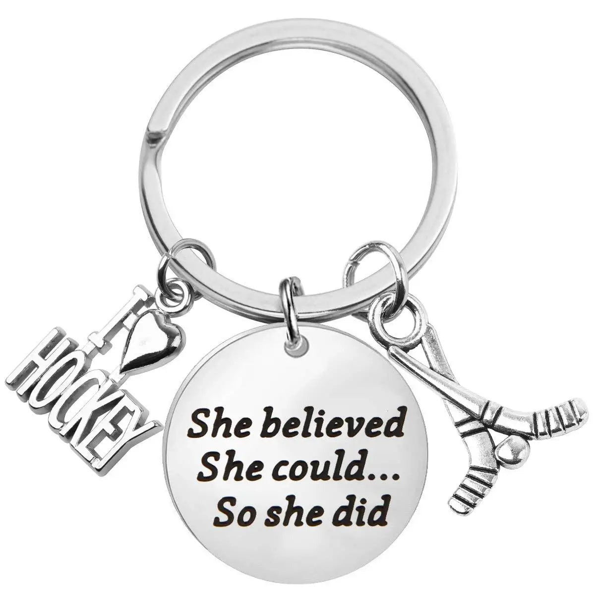 I love Heart Hockey Keychain She Believed She Could so She Did Key Ring Gift for Hockey coach Bag Car Accessories Key Chain