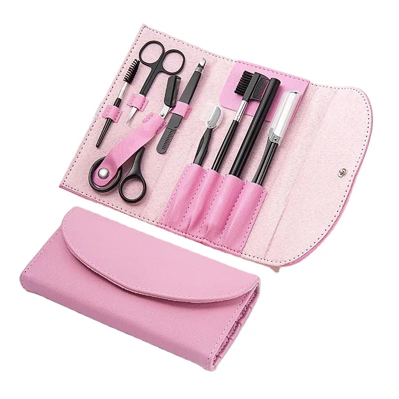 8pcs/set  Eyebrow Trimming Tool Scissors Tweezers Pencil  Facial Beauty Tools with Leather Bag