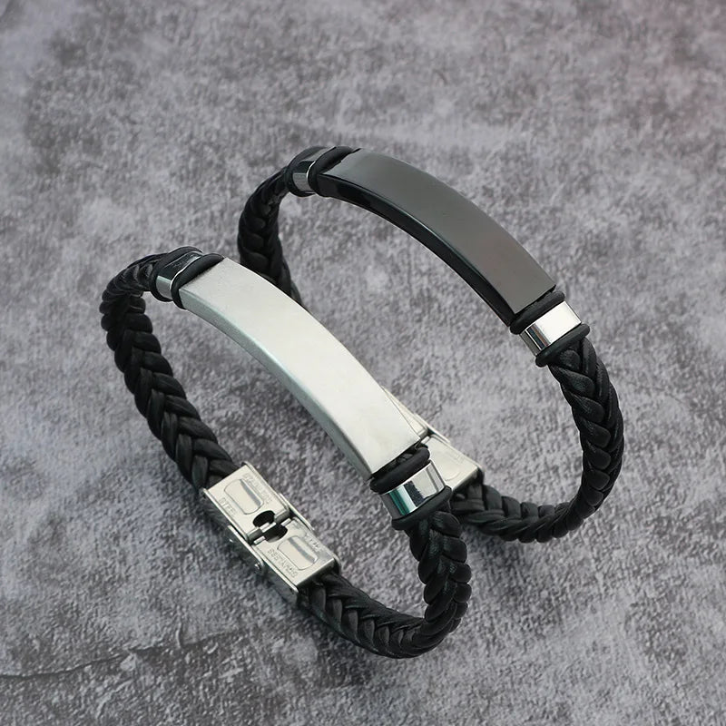 Wholesale Personal Engraved Stainless Steel Bracelet Jewelry Handmade Woven Leather Cuff Men Adjustable Bracelet