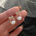Micro Zircon Bow Pearl Earrings Gold Plated Bow Shaped Shell Pearl Stud Earrings for Women
