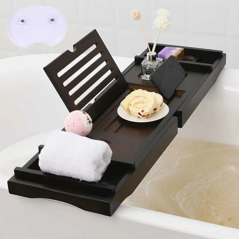 Luxury Eco-Friendly Modern Extendable Bathtub Caddy Tray Book Wine Holder Bamboo Wood Bathroom Organizer Bed Tray Free Soap