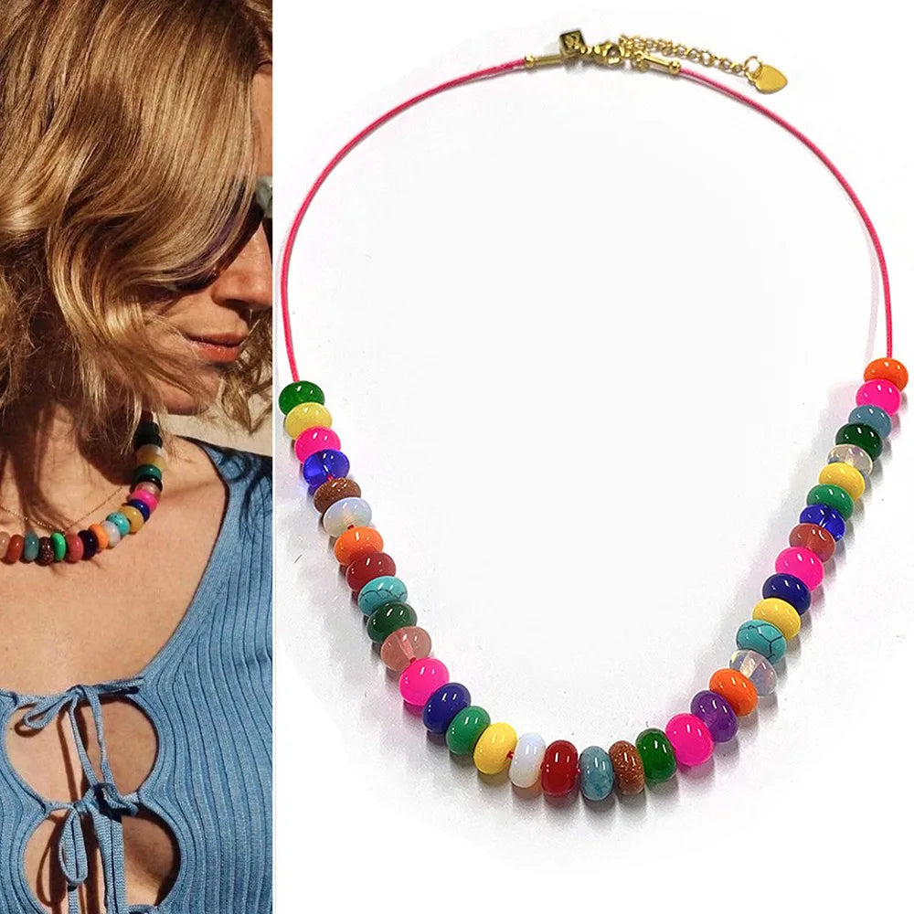 Summer Hot Selling Beach Vacation Jewelry Natural Rainbow Stone Handmade Beaded Necklace for Women Girls
