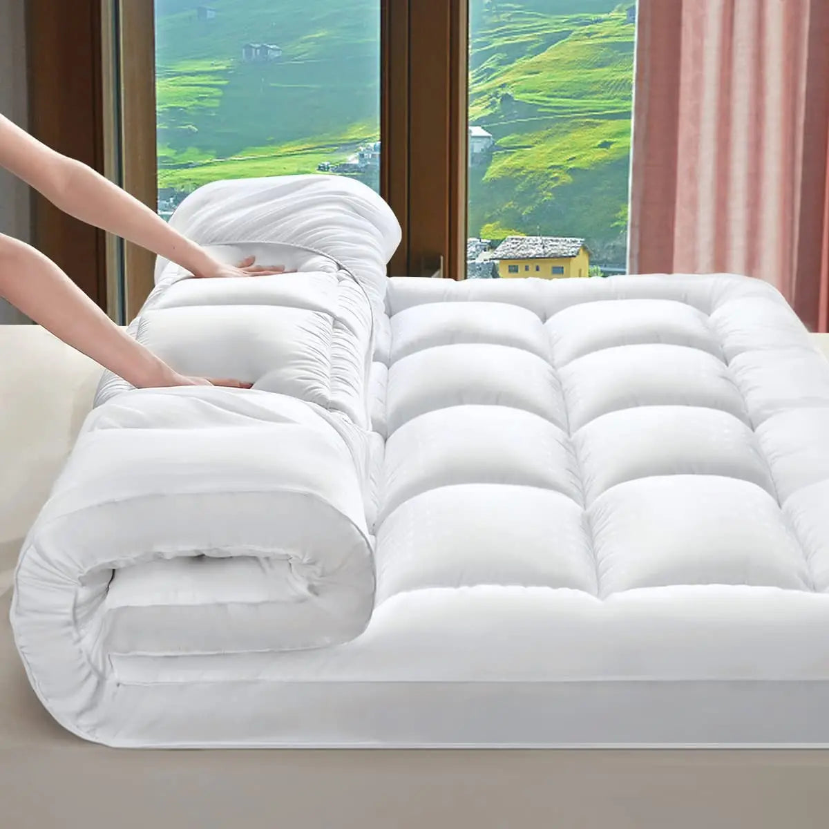 Extra Thick Queen Mattress Topper Breathable Fluffy Ultra Soft 1000 GSM Down Alternative Filled Fitted Mattress Protector 8-21"