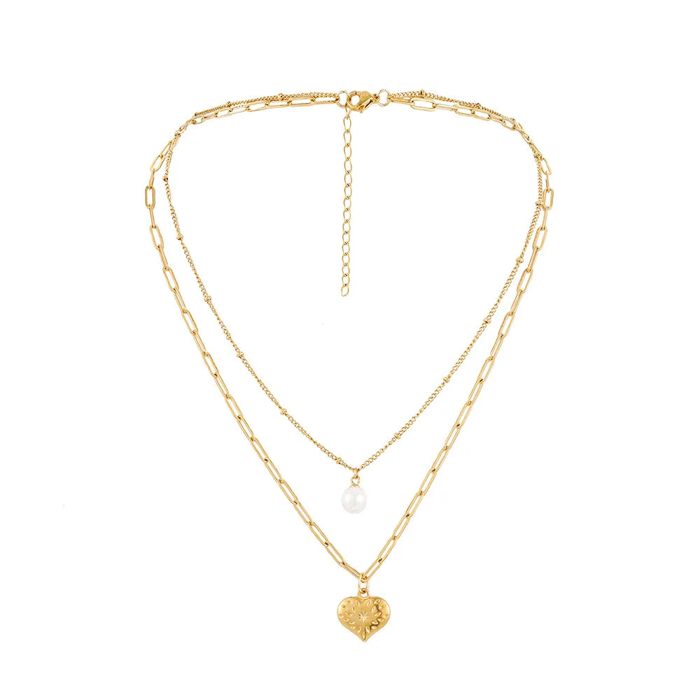 Summer Women Pearl Charm Necklaces Stainless Steel Multilayer Heart Necklace