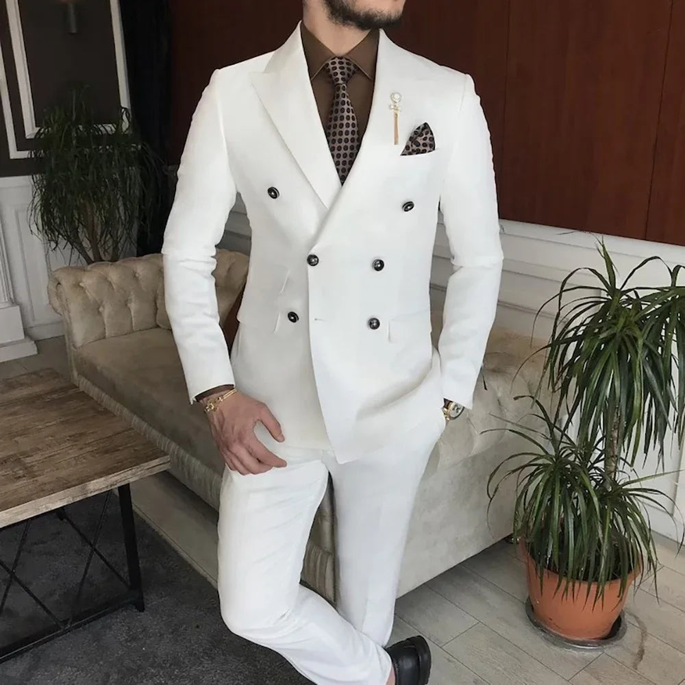 Elegant White Men's Suits Double Breasted Peaked Lapel Formal Occasion Wedding Groom Full Set Tailor 2 Piece Jacket Pants