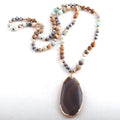 Women 8mm Frost Tiger Eye Amazonite Natural Stone Necklace Gemstone Long Knotted Irregular Druzy Pendant Necklace