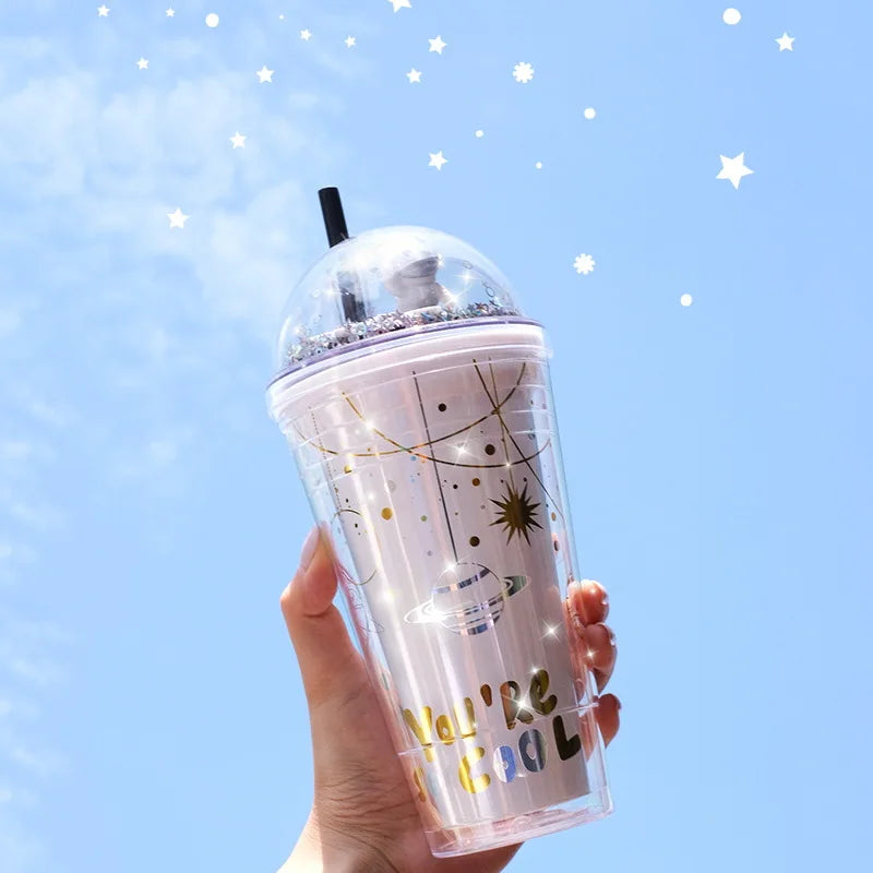 Cute Printed Milk Summer Use Portable Water Cup Student Sports Takeaway Cup Crystal Plastic Space Water Bottle