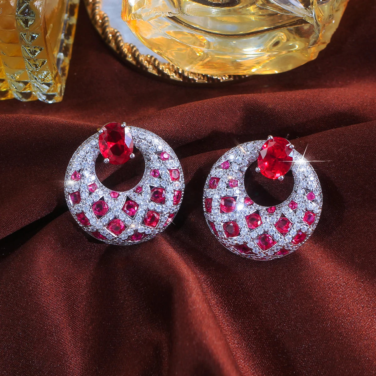Top Hot Royal Pink Red Cubic Zirconia Stone Round Big Party Wedding Bridal Drop Dangle Earrings for Women Luxury Festive Jewelry