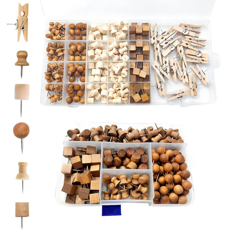 Decorative Thumb Tacks Wood Push Pins Wood Map Tacks Marking Pin with Storage Box