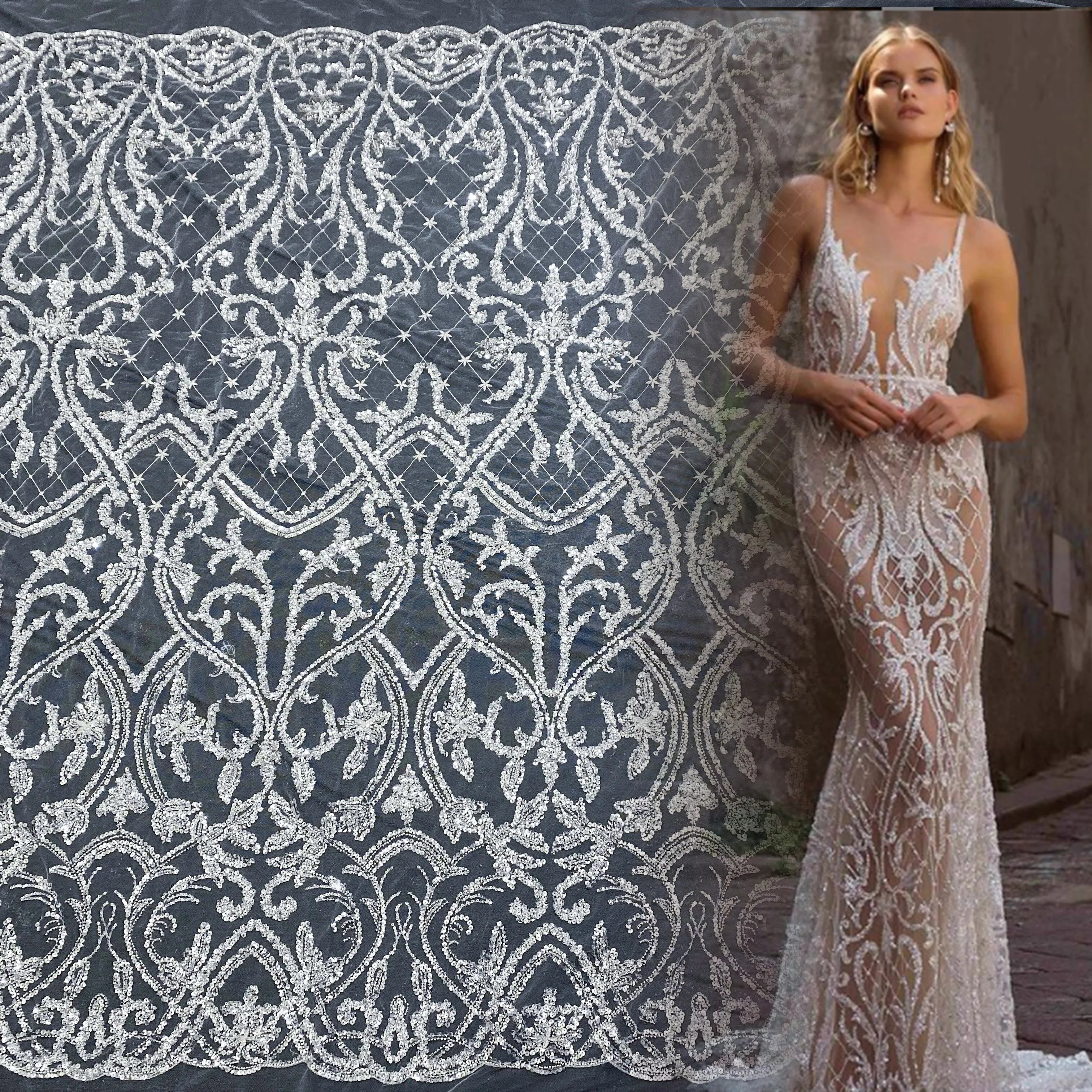 Wedding Dress Colorful 100%  Polyester Beaded White Lace Fabric