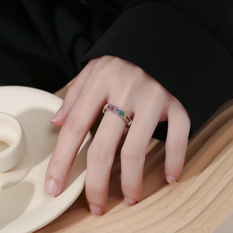 Wedding Fashion Jewelry 925 Sterling Silver Colorful Rainbow Zircon Adjustable Open Ring