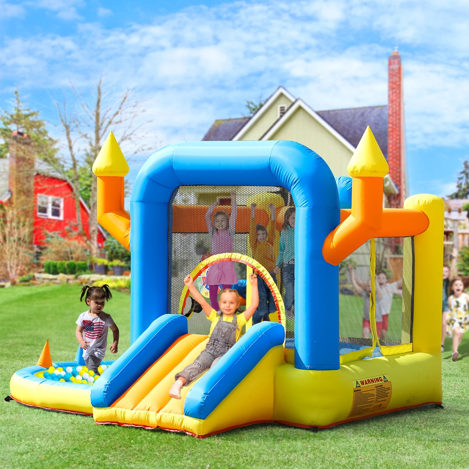 Kids Party Inflatable Bounce House Combo Toddler Inflatable Jumping Bouncy Castle with SlidePoolBasketDartboardTrampoline