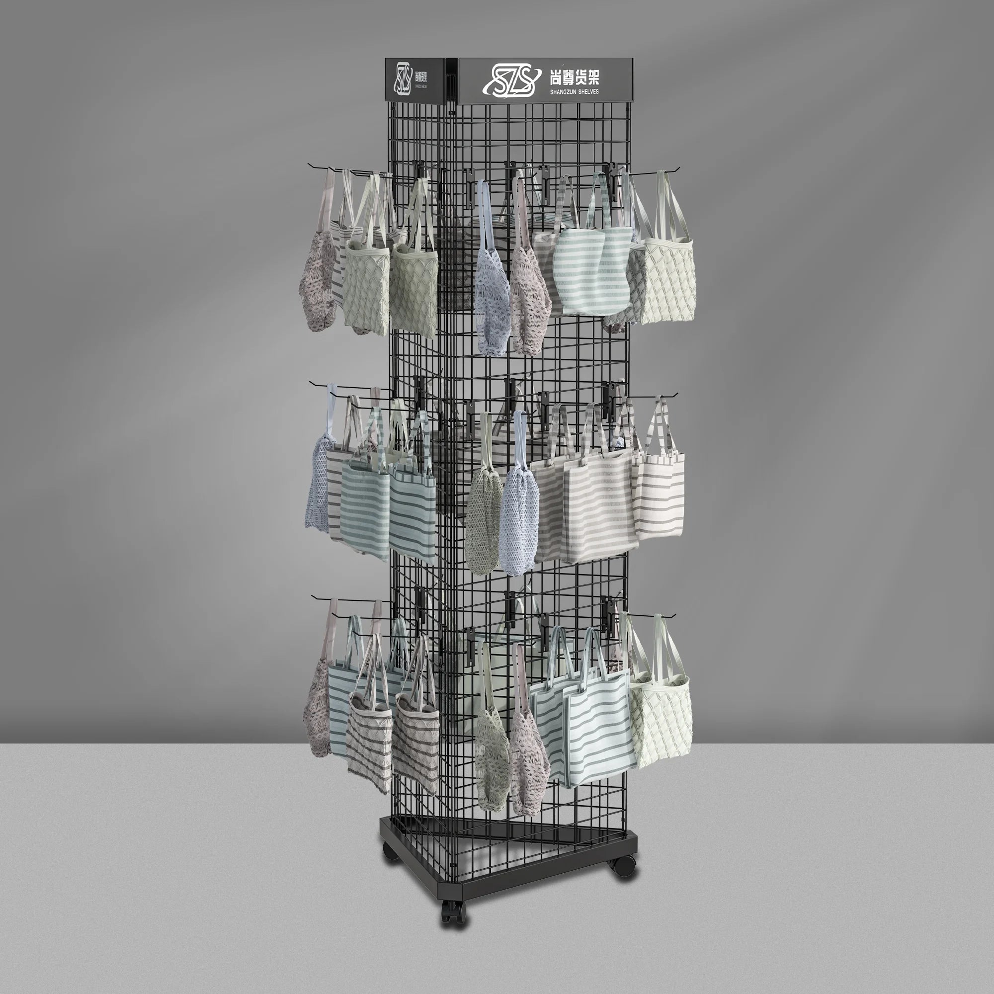 Metal Triangular Mesh Display Rack Retail Store Display Rack Grid Board Display Rack with Hooks Universal Wheels Customizable