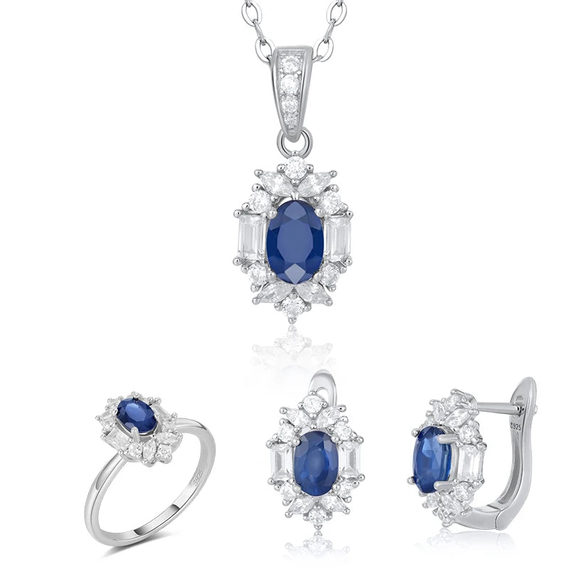 YBO Wholesale Natural Sapphire Gemstone Earrings Adjustable Rings Necklaces 925 Sterling Silver Jewelry Set