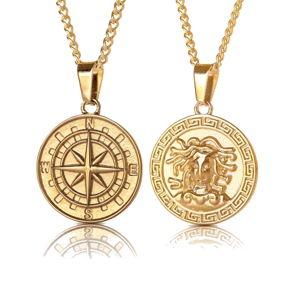 Trendy Custom ODM Greek Medusa Coin Stainless Steel Jewellery Compass Jesus 18K Gold Plated Men Charm Pendant Necklace Jewelry