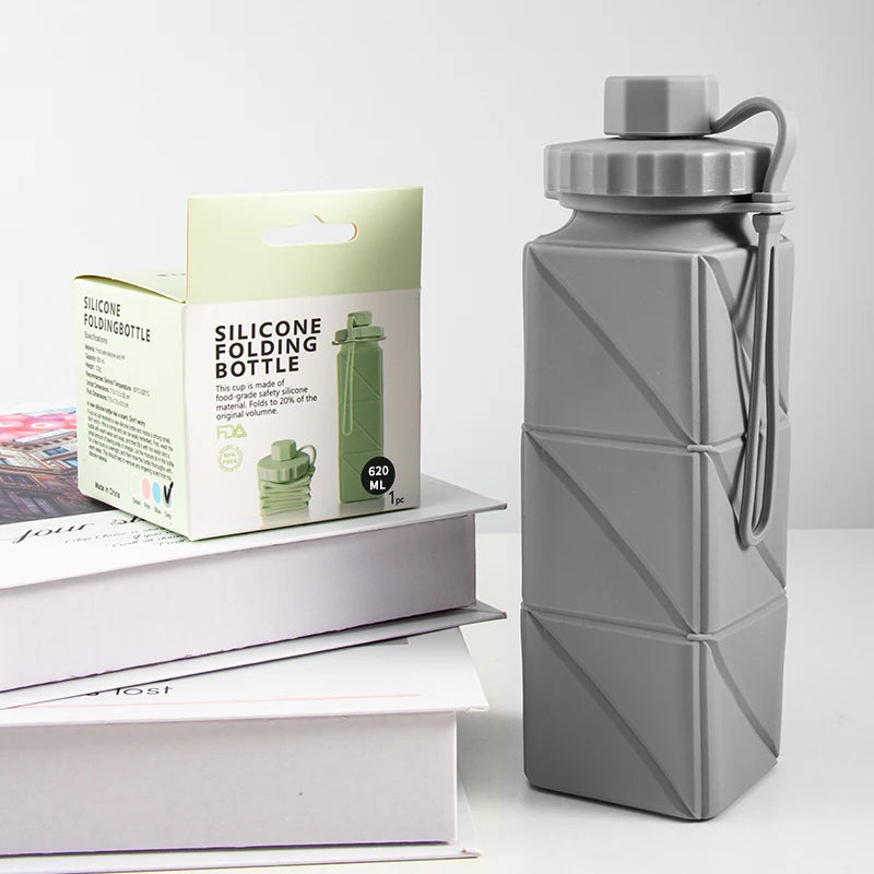 Eco-Friendly 620 ML Collapsible BPA-Free Silicone Square Portable Outdoor Sports Travel with Lid Water Bottle