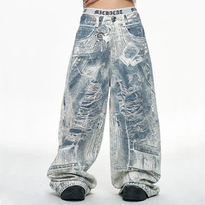 YUCHEN Custom 100% Cotton Mens Loose Straight Stonewashed Jeans Full Digital Printed Camouflage Denim Cargo Pants