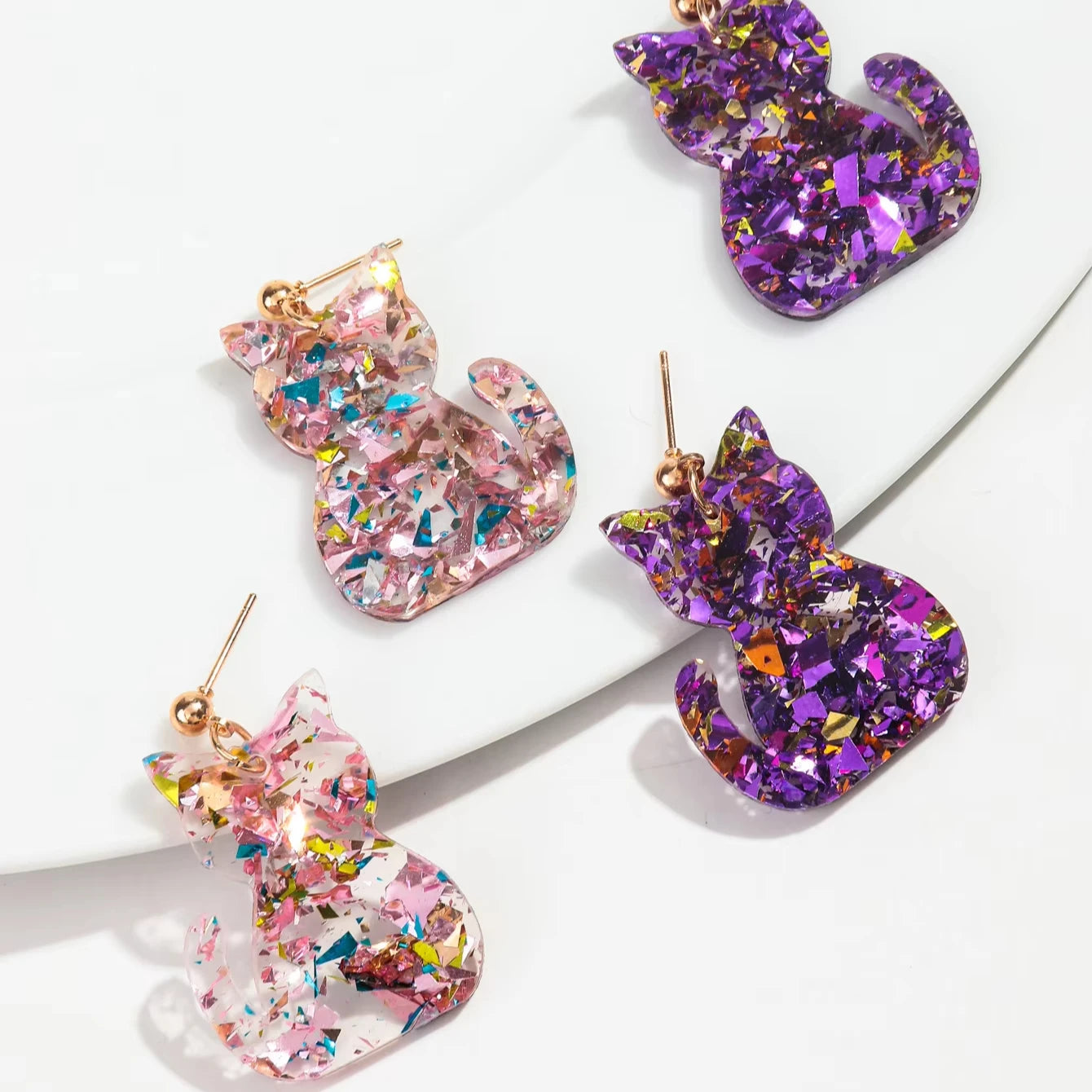 Hot Selling Cute Glitter Purple Pink Cat Earrings Trend Acrylic Animals Kitten Earrings for Women