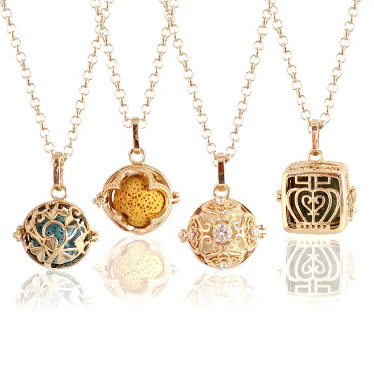 Fashion Hollow-out Perfume Pendant Necklaces Aromatherapy Essential Oil Sweater Chain Magic Box Volcanic Stone Necklace for Girl