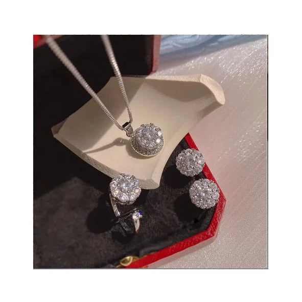 Exquisite Bridal Wedding Jewelry Set Cubic Zirconia Stainless Steel Chain Rotates Flowers Spinning Pendant