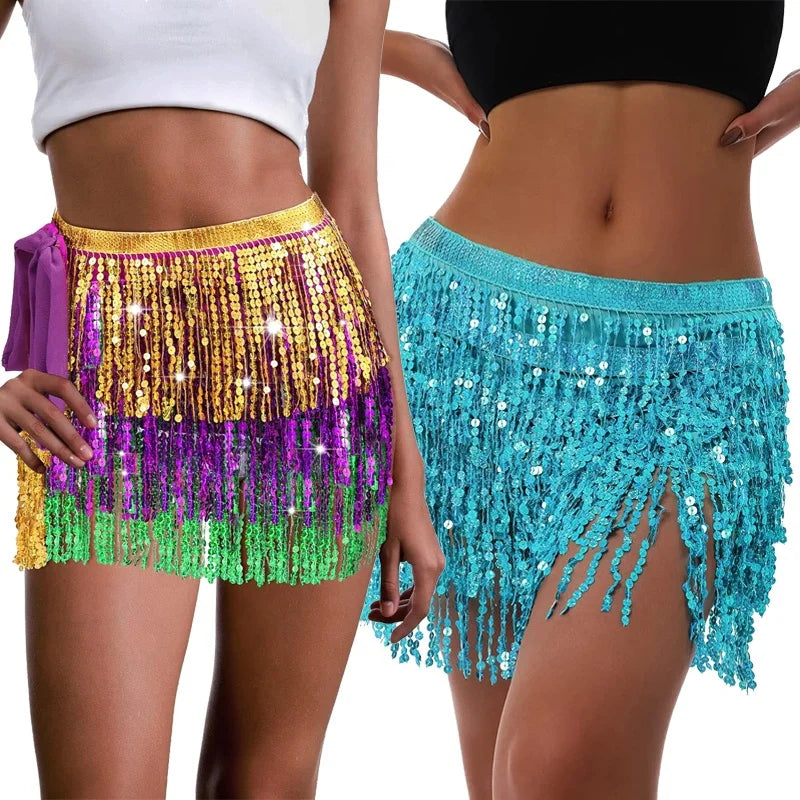 Womens Tassel Skirts Belly Dance Hip Scarf Sequin Fringe Wrap Dress Mardi Gras Apparel Rave Outfits Short Skirt