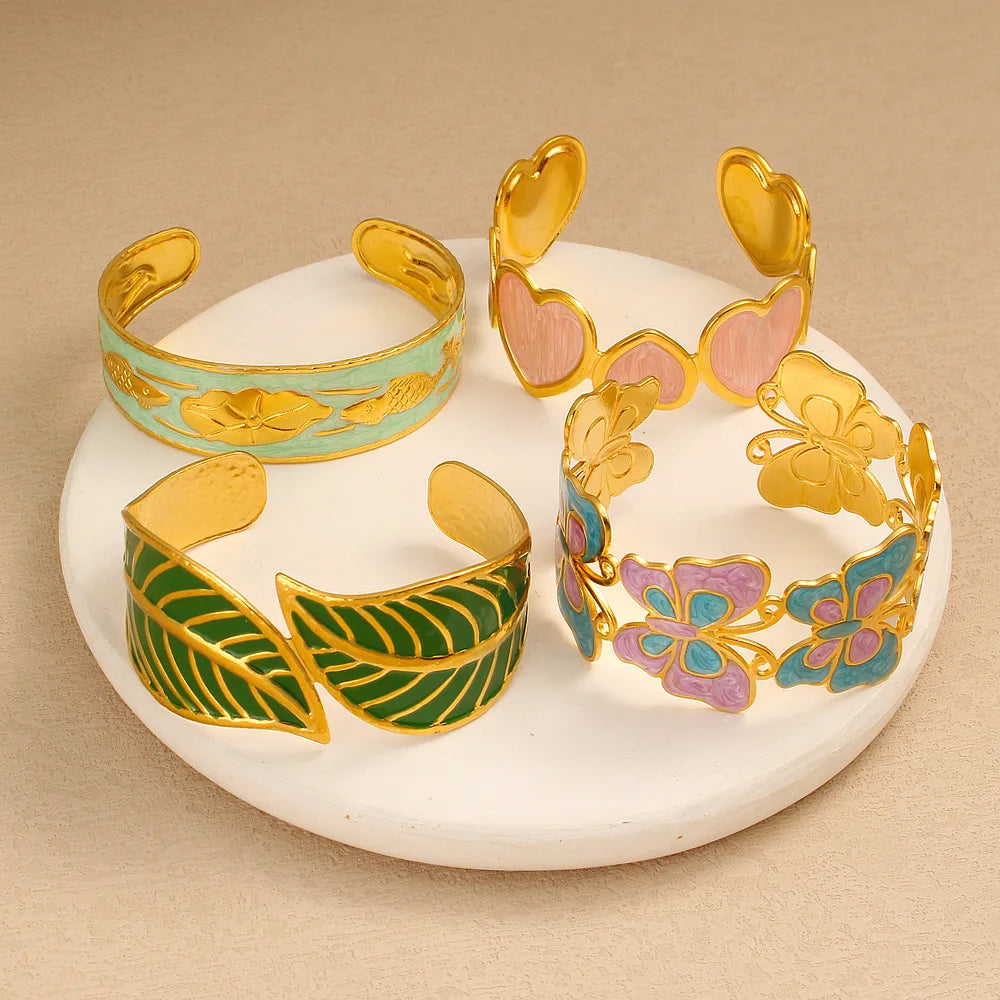 Wholesale Retro 18K Gold Plated Stainless Steel Open Bracelet Women's Fashion Jewelry Colorful Drip Oil Butterfly Bracelet Gift