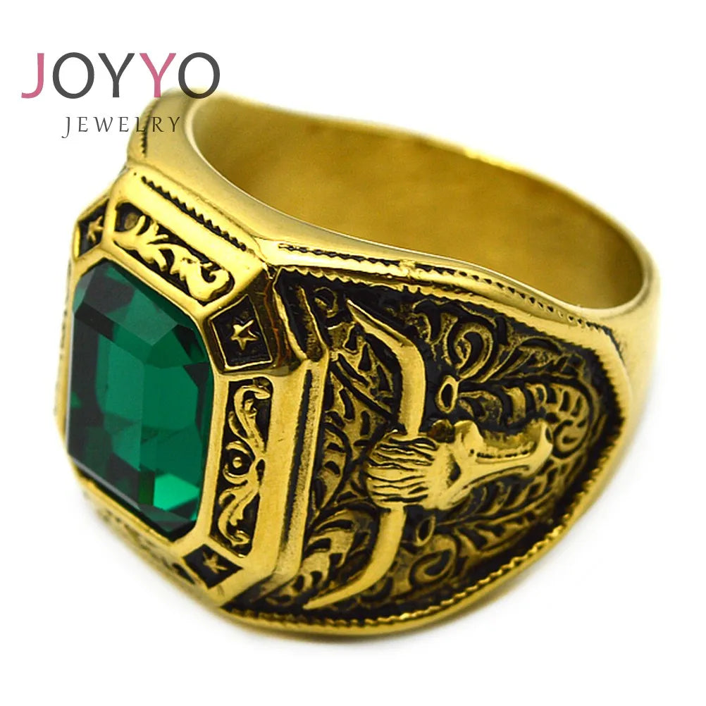 High Quality Gold Plated Big Octagon Green Rhinestone Men Stainless Steel Vintage Geometric Hip Hop Gemstone Rings