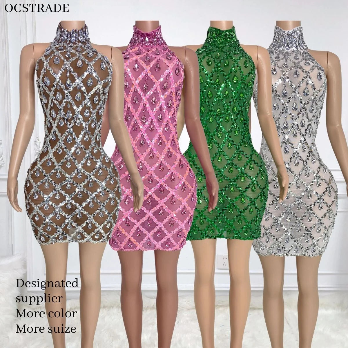 Ocstrade Diamond Outfit Luxury Costume Party Performance Dance Dress Party White Rhinestone Mini Dress Club Wear for Women