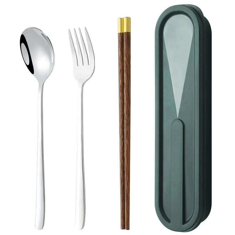 Portable Flatware Set 304 Stainless Steel Silverware Spoon Fork Wood Chopsticks Camping Picnic Travel Cutlery Set with Case