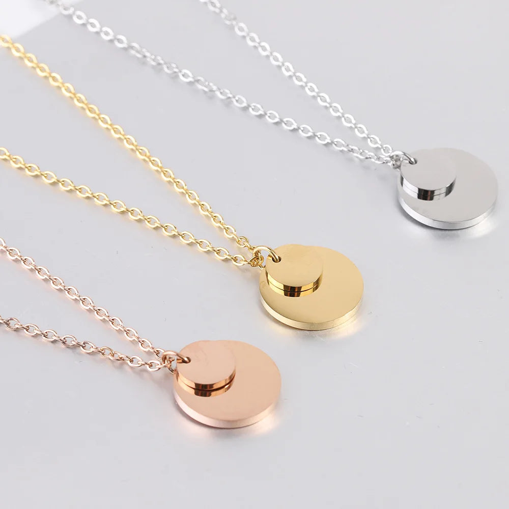 European and American Custom Engraved Name Trendy 18K Gold Plated Color Stainless Steel Round Pendant Necklace