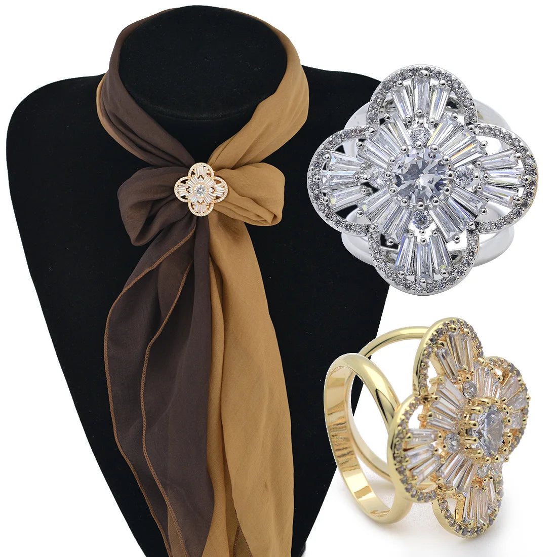 Clovers Four Leaf Copper Alloy Zircone  Tricyclic Three Rings Jewelry Lady Women Scarf Shawl Buckle Clip Brooch Rings for Scarf