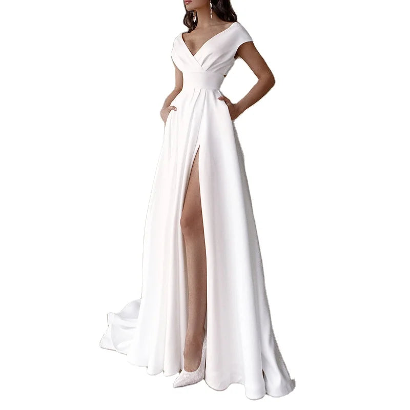 2025 Satin Beaded Strapless Catwalks High Slit Wedding Dress Gown Haute Couture Tailed Dress