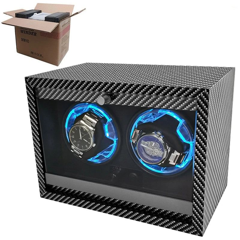 Auto Stop LED Carbon Fiber Design Black PU Leather Interior 2 Winder Mechanical Watch Winder Box Wood Material Case