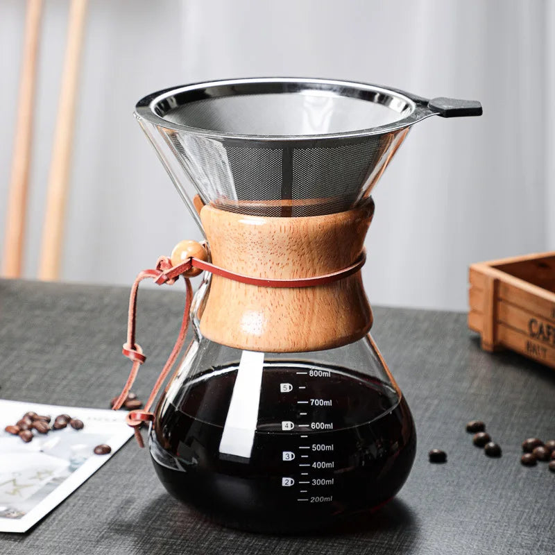 Olive Portable Wooden Handle Cold Brew Coffee Maker Sharing Pot Drip Coffee Maker Simple Flower Teapot Heat-resistant Glass