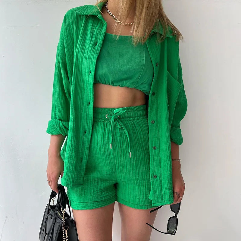 Women's Summer Cotton Beach Outfit Set Short Sleeve Muslin Blouse and Shorts Solid Pattern Casual Style Above Knee Length