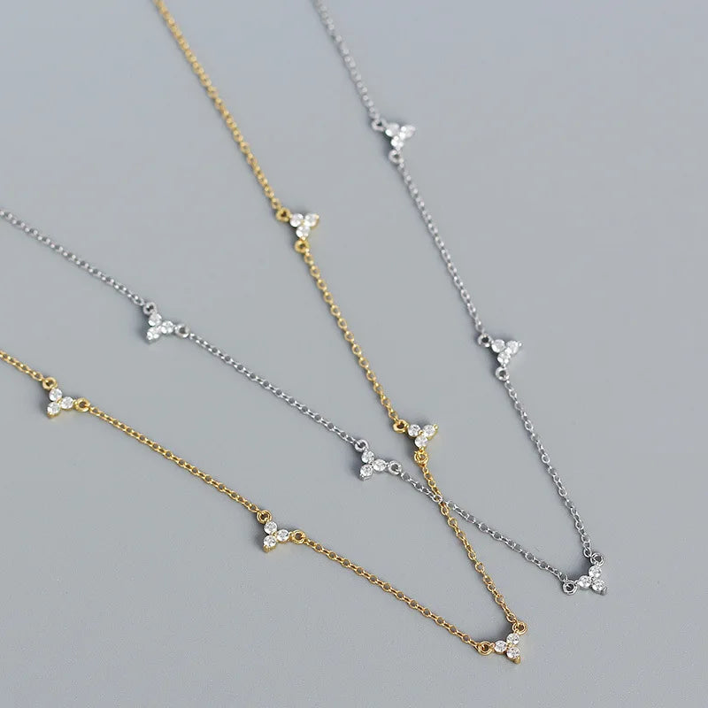 Elegant 18K Gold Plated Flower Necklace 925 Sterling Sliver Three Zircon Choker Necklaces for Women Girls