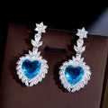 Silver Plated Ocean Sky Blue Big Love Heart Shaped Cubic Zircon Crystal Bridal Dangle Drop Long Earrings for Women Wedding Party