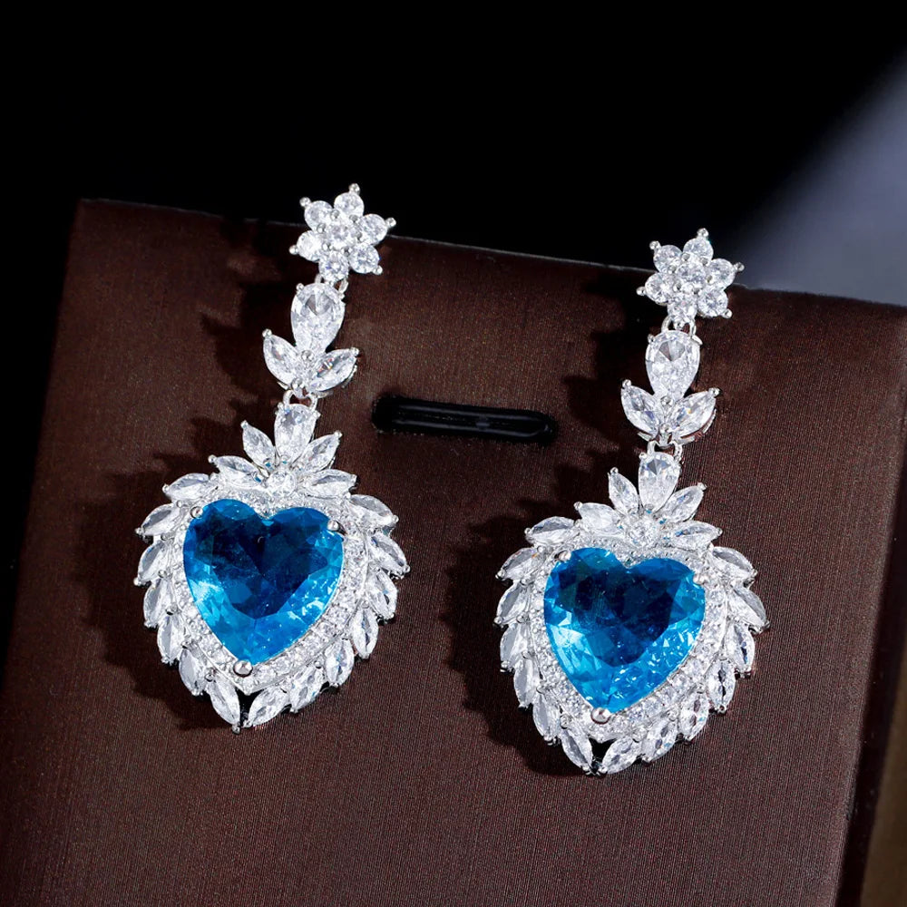 Silver Plated Ocean Sky Blue Big Love Heart Shaped Cubic Zircon Crystal Bridal Dangle Drop Long Earrings for Women Wedding Party