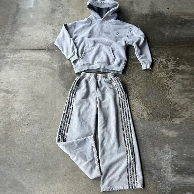Custom OEM Heavy Cotton Drop Shoulder Oversized Pullover Hoodie and Wide Leg Sweatpants Set Tracksuit for Men