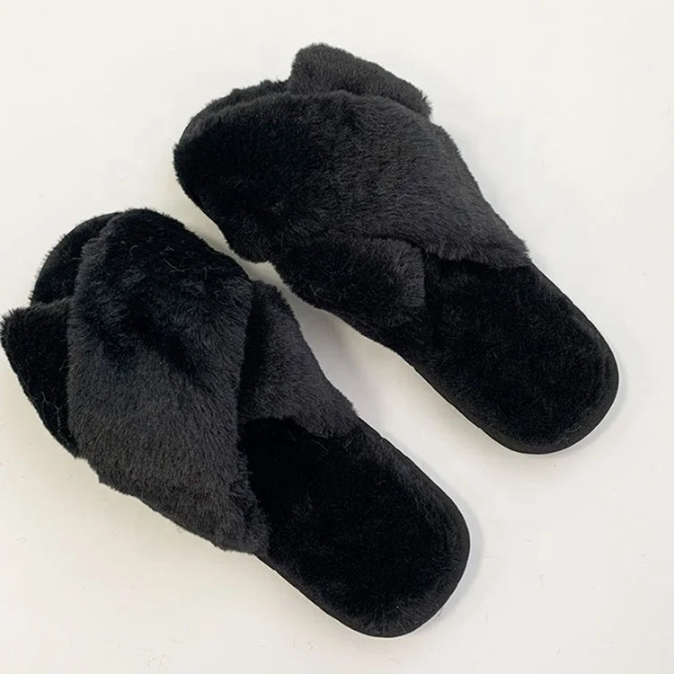 Women's Winter Autumn Faux Fur Indoor House Slippers Popular Wholesale Price Comfortable Cross Strap with Fleece Lining