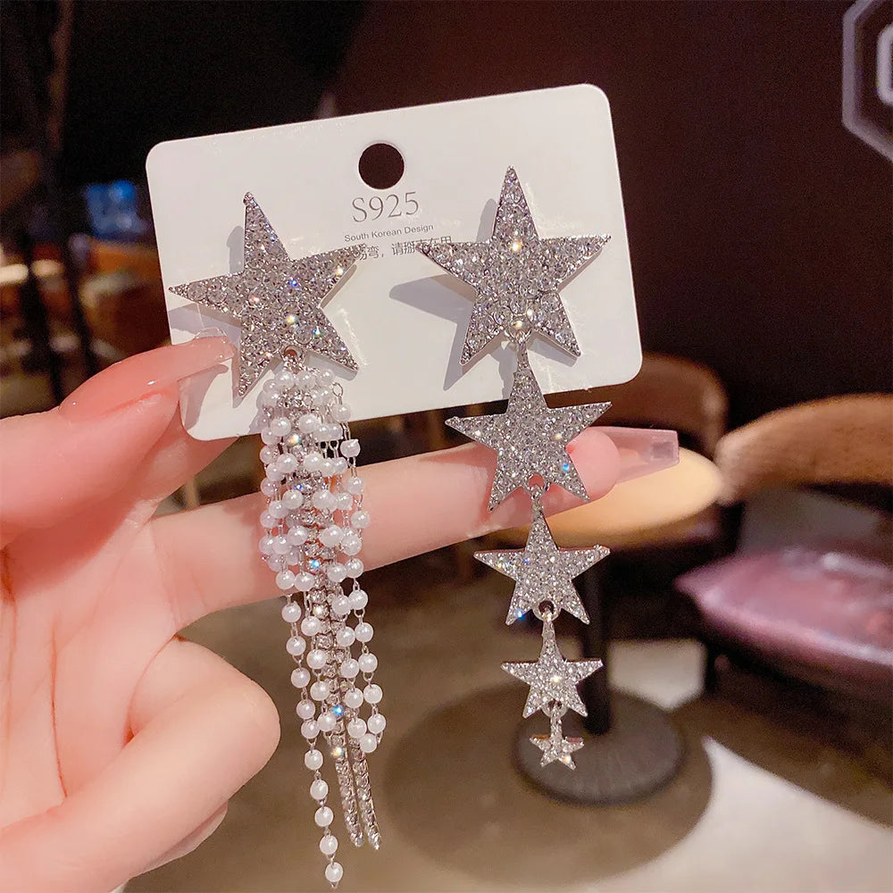 925 Silver Needle Earring Diamond Luxury Wedding Star Tassel Earrings Exaggerated Pearl Star Long Tassel Earrings Jewelry