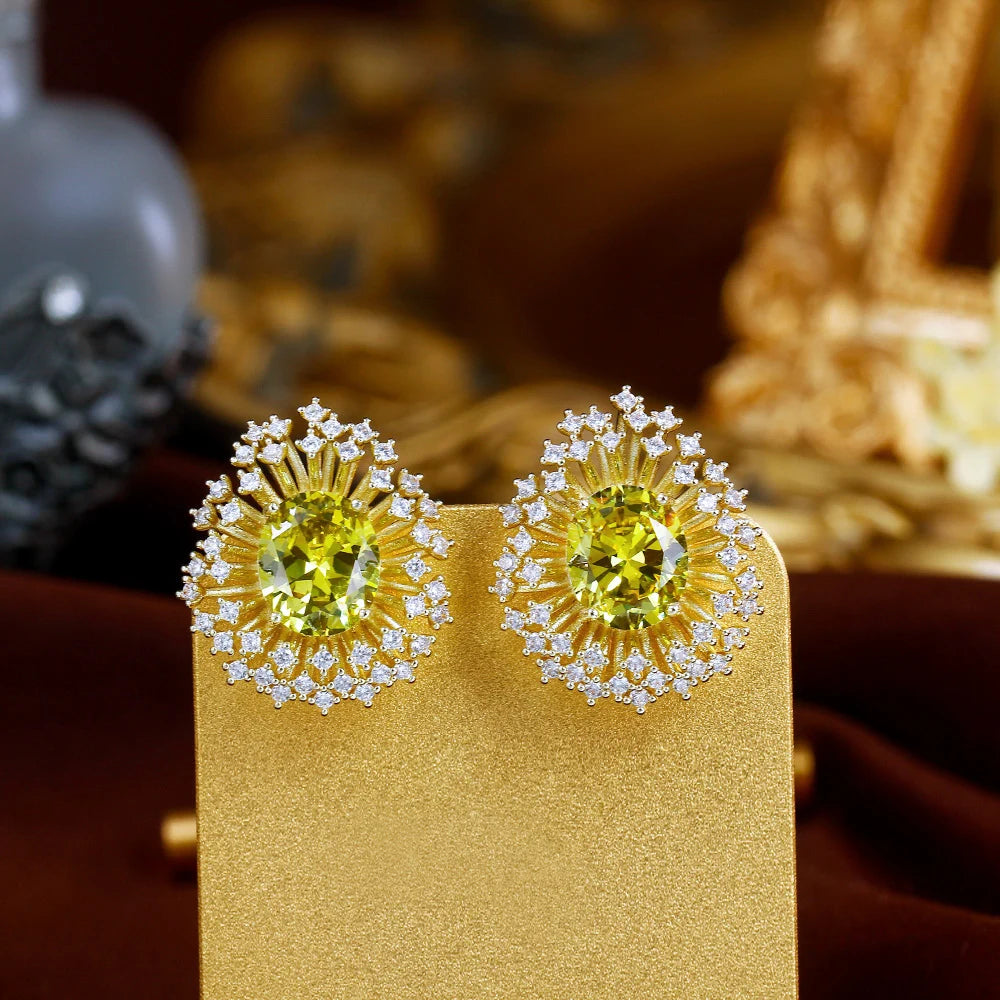 New Trendy Shiny Unique Olive Green Zircon Yellow Gold Plated Big Fireworks Shaped Stud Earrings for Women Daily Party Jewelry MegaBDM