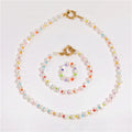 Tarnish Free  Summer Holiday Pvd Colorful  Glaze Bead Natural Pearl Choker Necklace Bracelet Earring 3pcs Jewelry Set