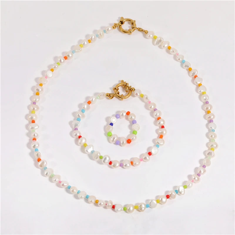 Tarnish Free  Summer Holiday Pvd Colorful  Glaze Bead Natural Pearl Choker Necklace Bracelet Earring 3pcs Jewelry Set