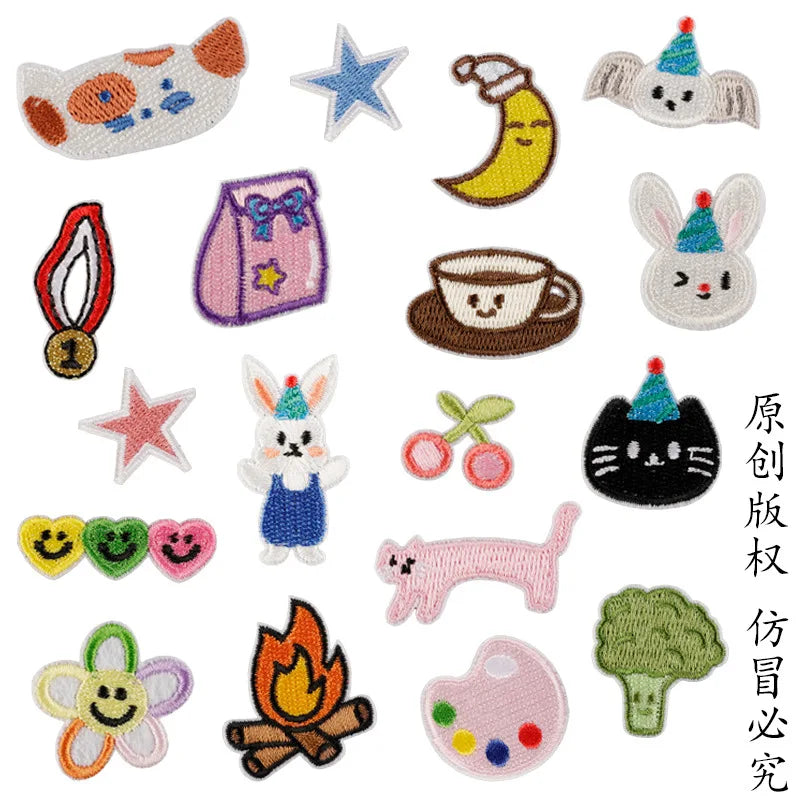 Stock Mini  Iron on Backing Cute Embroidery Coffee Bunny  Moon Star Smile Cat Patch for Luggage Tag Bag Decoration